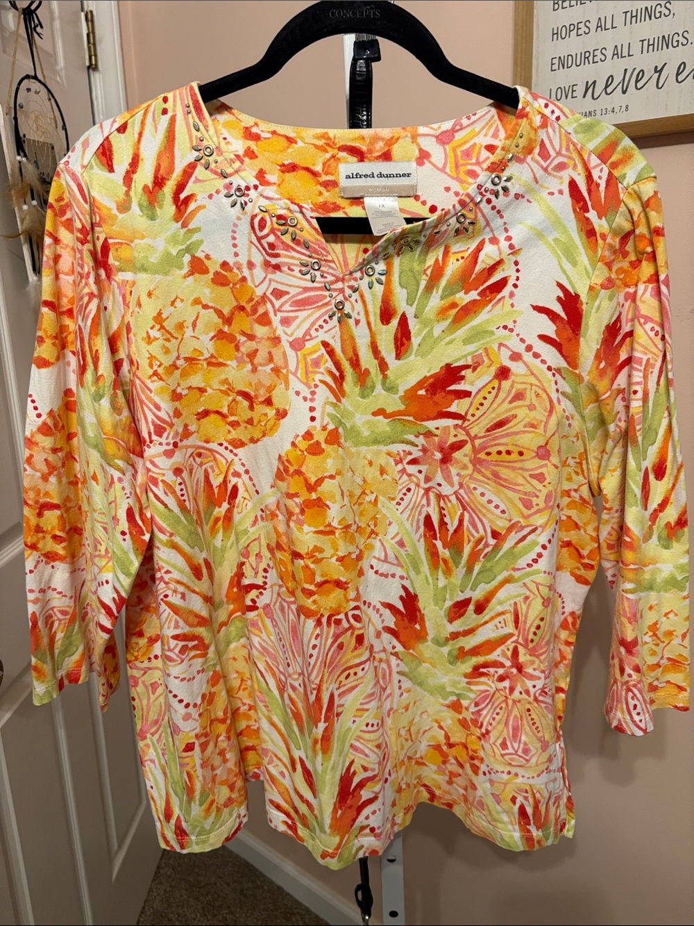 Alfred Dunner Pineapple Print Studded Neckline Top - Yellow, Orange & Green